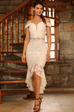 Women's Open Shoulders Ecru Lace Short Evening Dress - Moda Secret