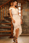 Women's Open Shoulders Ecru Lace Short Evening Dress - Moda Secret