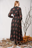 Women's Flock Print Patterned Black Chiffon Long Dress - Moda Secret