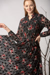 Women's Flock Print Patterned Black Chiffon Long Dress - Moda Secret