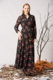 Women's Flock Print Patterned Black Chiffon Long Dress - Moda Secret