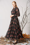 Women's Flock Print Patterned Black Chiffon Long Dress - Moda Secret